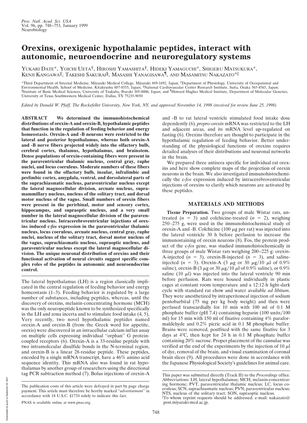 Orexins, Orexigenic Hypothalamic Peptides, Interact with Autonomic, Neuroendocrine and Neuroregulatory Systems