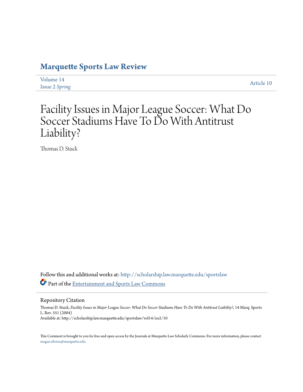 Facility Issues in Major League Soccer: What Do Soccer Stadiums Have to Do with Antitrust Liability? Thomas D