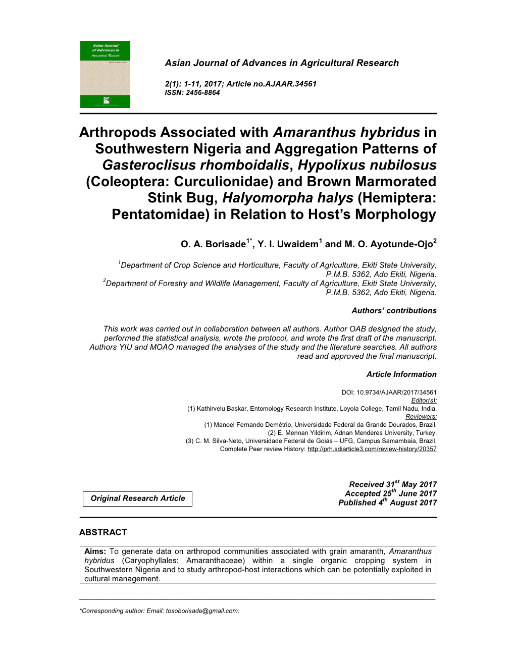 Arthropods Associated with Amaranthus Hybridus In