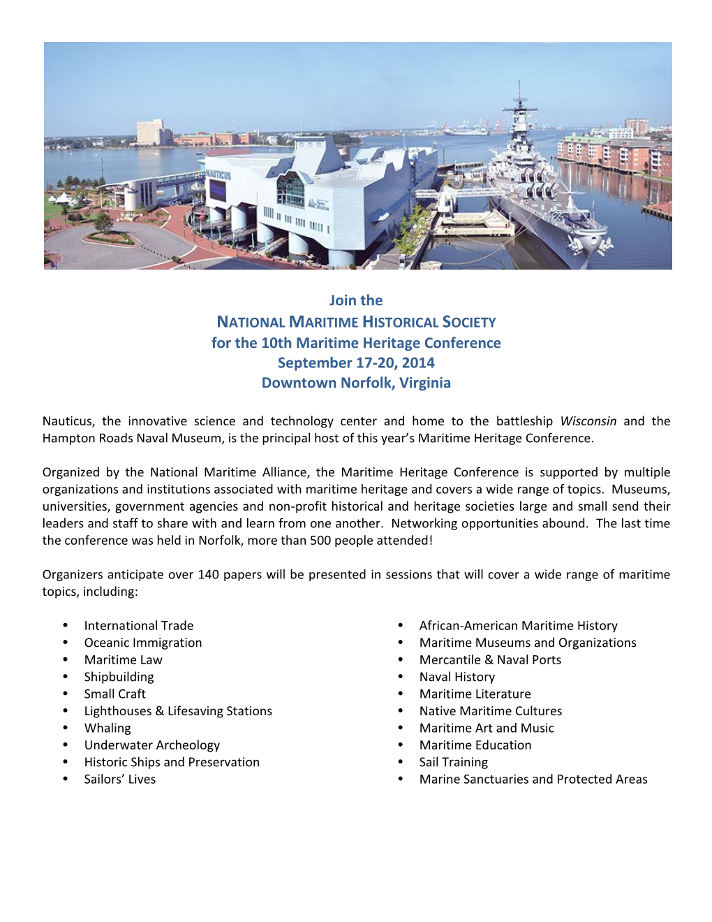 Join the for the 10Th Maritime Heritage Conference September 17-20