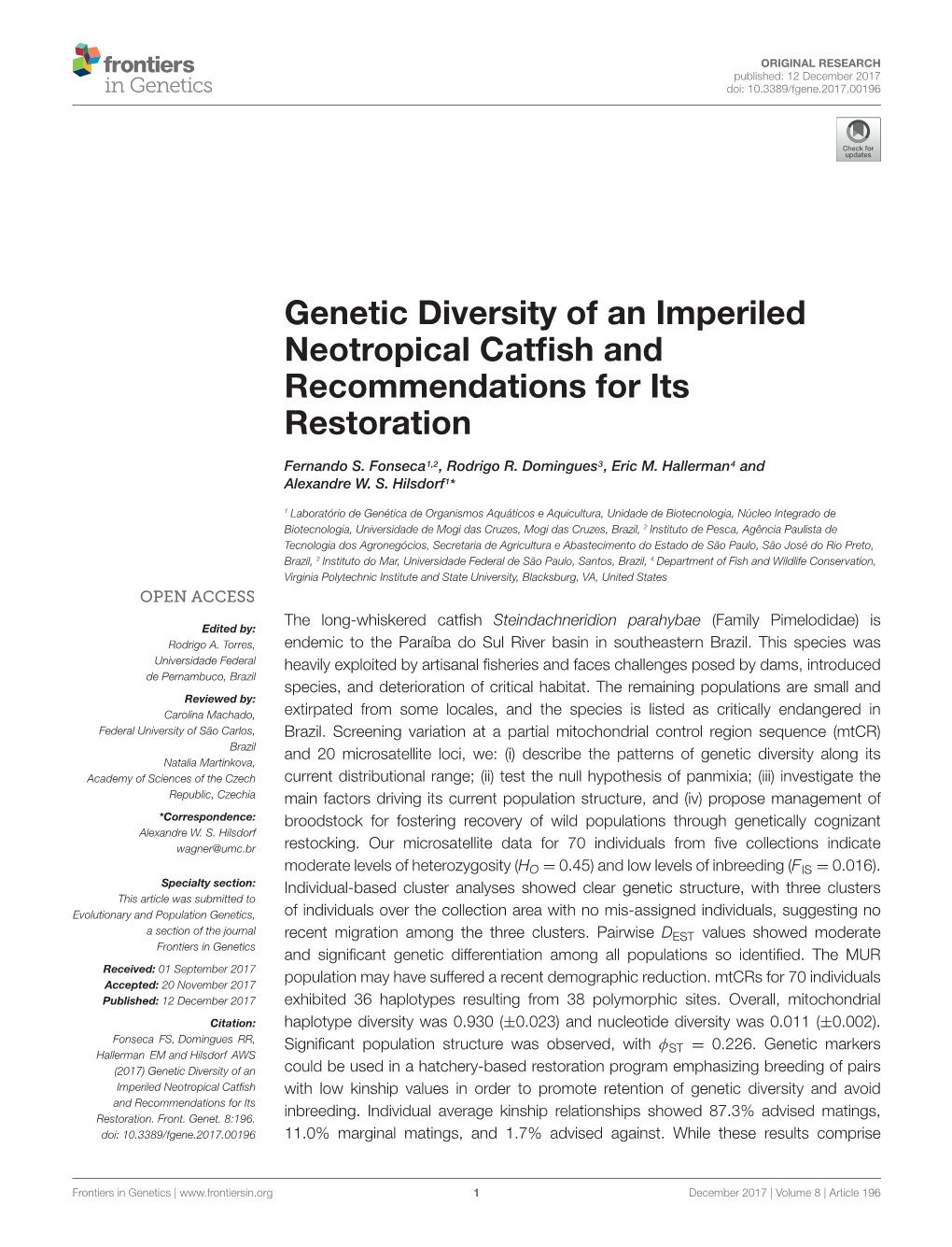 Genetic Diversity of an Imperiled Neotropical Catfish