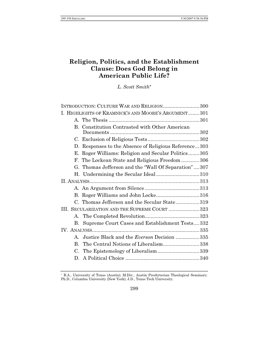 Religion, Politics, and the Establishment Clause: Does God Belong in American Public Life?