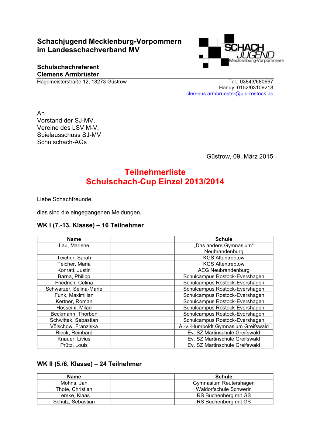 Teilnehmerliste Schulschach-Cup Einzel 2013/2014 -.: Landesschachverband Mecklenburg-Vorpommern