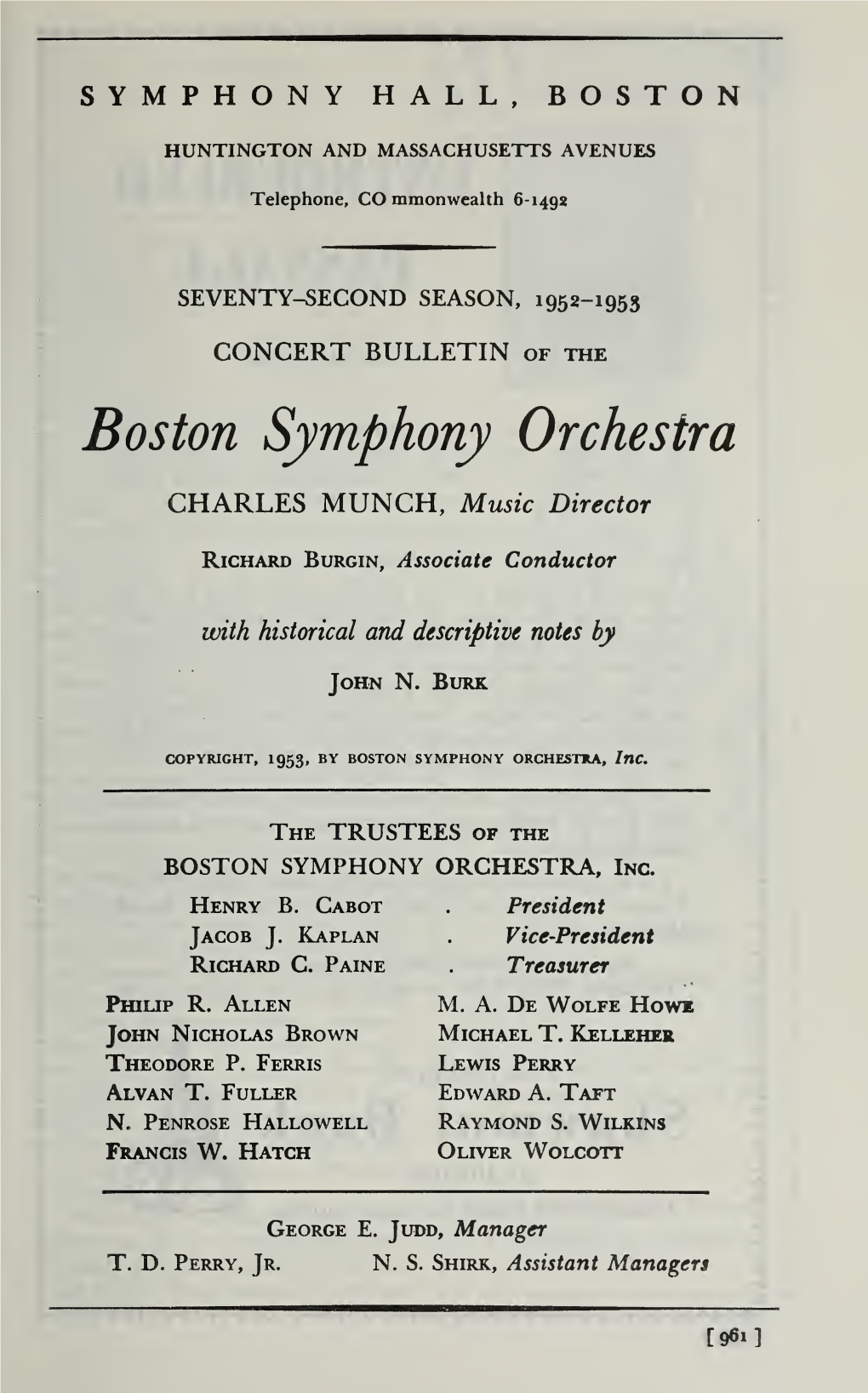Boston Symphony Orchestra Concert Programs, Season 72, 1952-1953