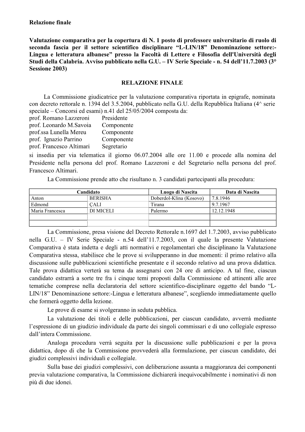 Relazione Finale Valutazione Comparativa Per La Copertura Di N. 1 Posto Di Professore Universitario Di Ruolo Di Seconda Fascia P