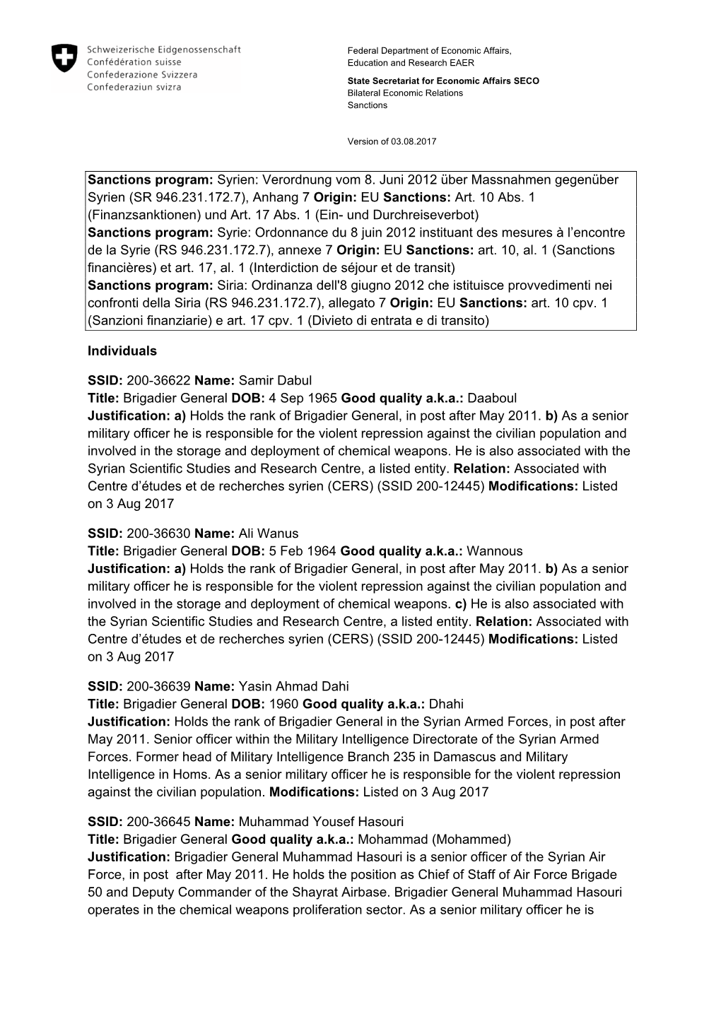 Sanctions Program: Syrien: Verordnung Vom 8. Juni 2012 Über Massnahmen Gegenüber Syrien (SR 946.231.172.7), Anhang 7 Origin: EU Sanctions: Art