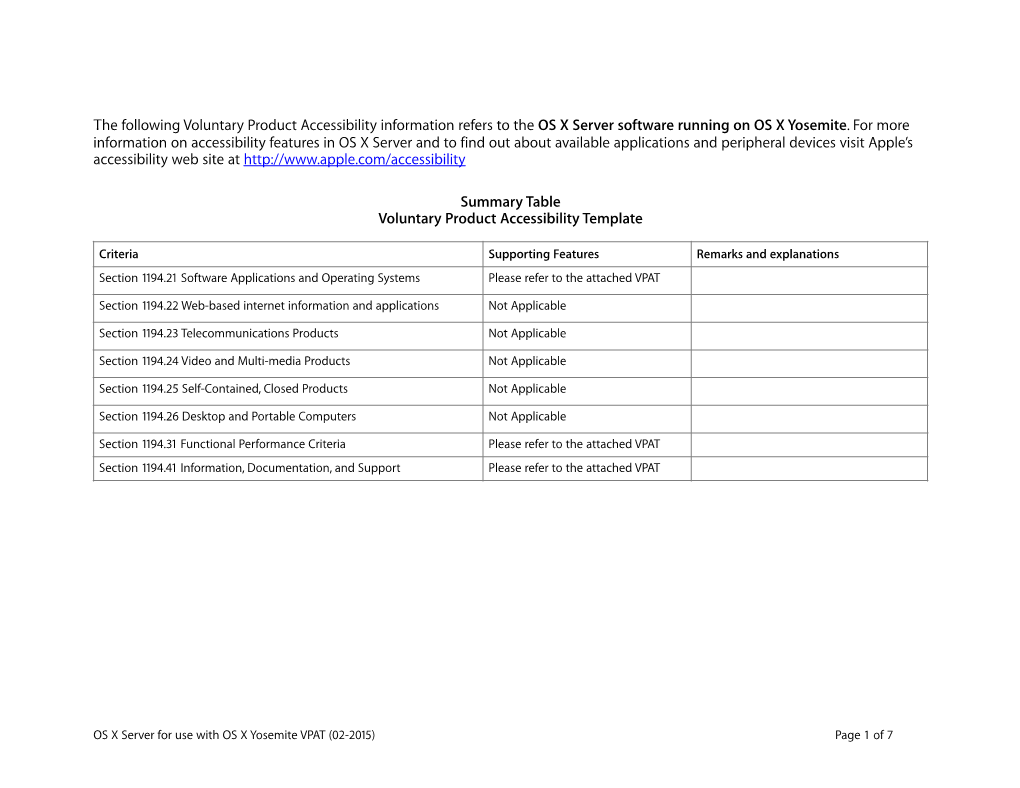 The Following Voluntary Product Accessibility Information Refers to the OS X Server Software Running on OS X Yosemite