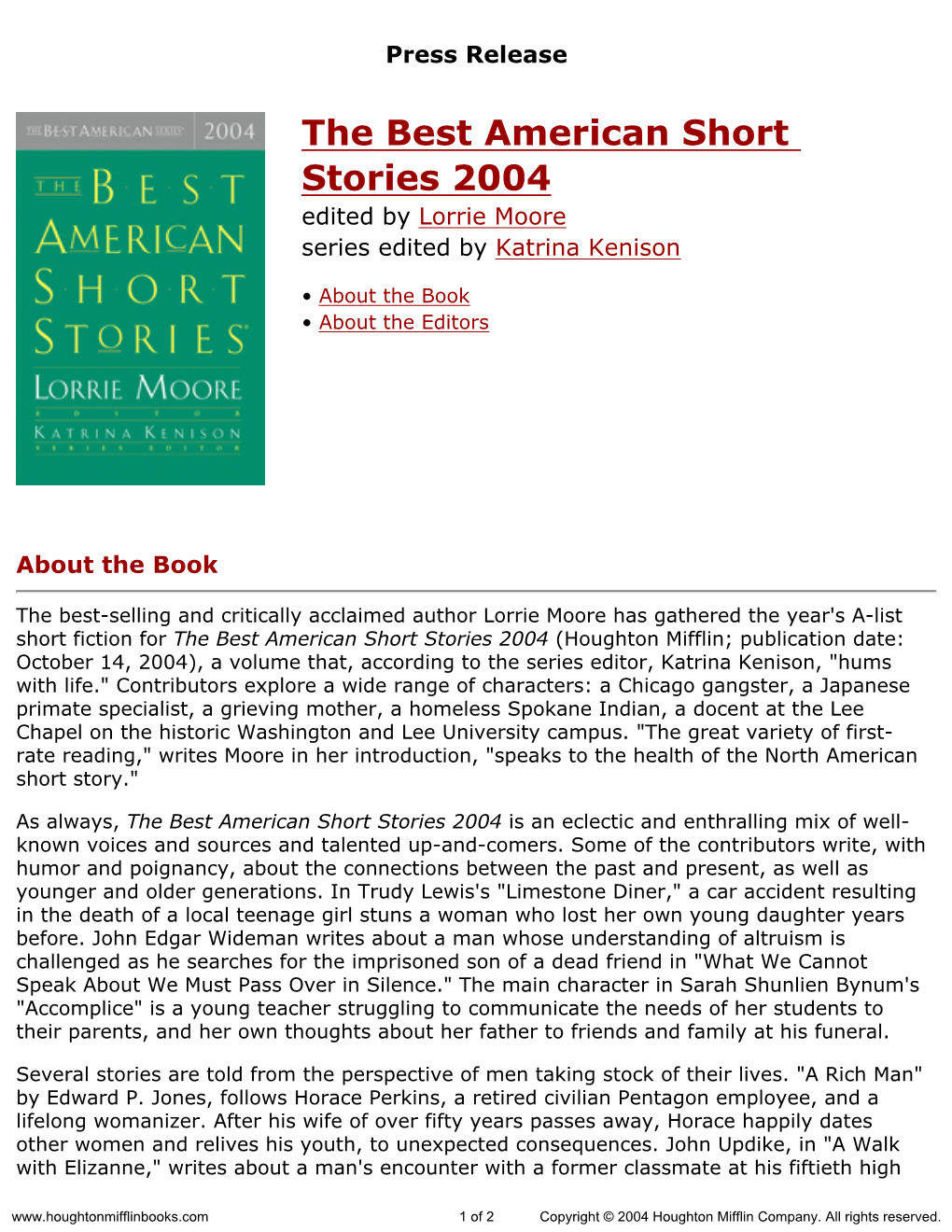 Press Release for the Best American Short Stories 2004 Edited by Lorrie
