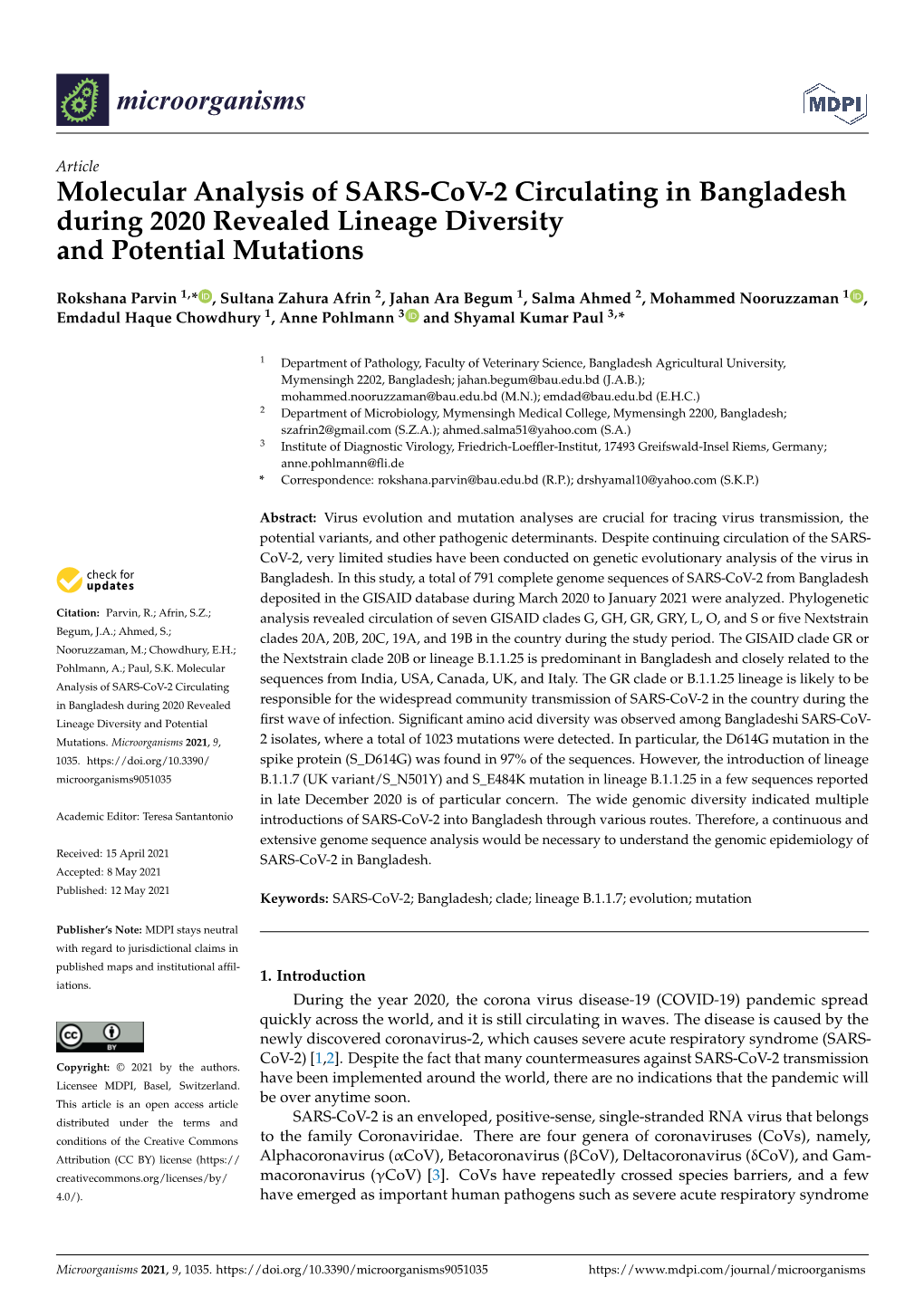 Molecular Analysis of SARS-Cov-2 Circulating in Bangladesh During 2020 Revealed Lineage Diversity and Potential Mutations