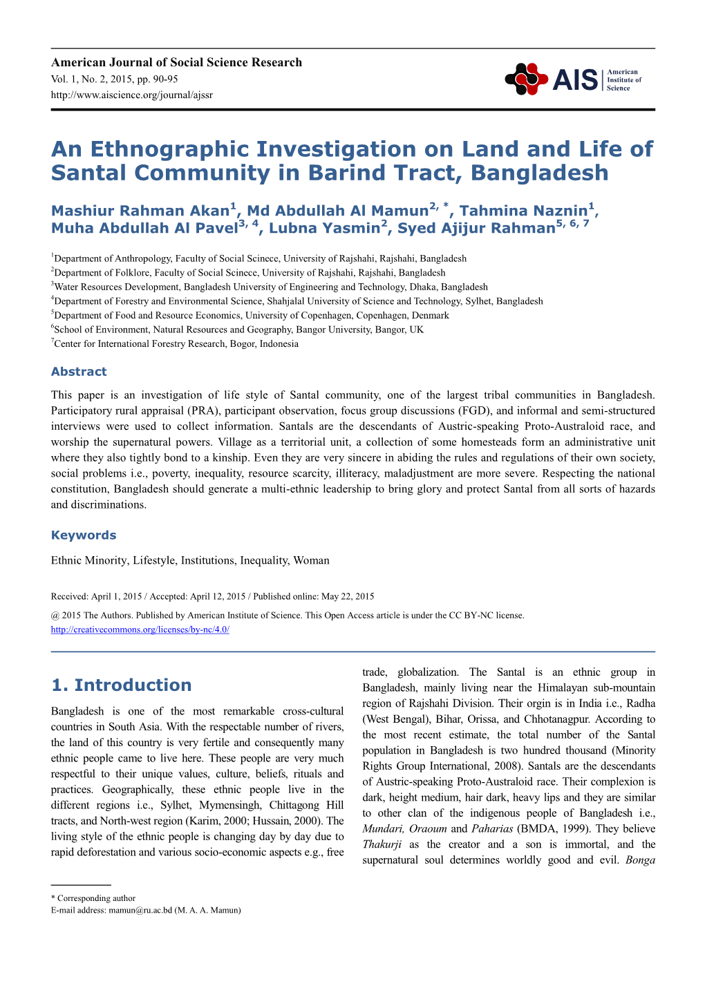 An Ethnographic Investigation on Land and Life of Santal Community in Barind Tract, Bangladesh