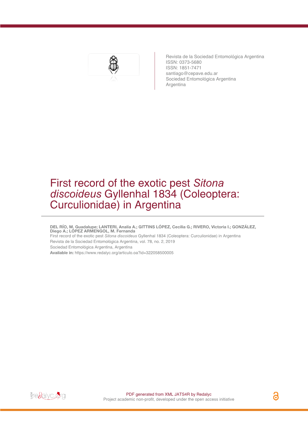First Record of the Exotic Pest Sitona Discoideus Gyllenhal 1834 (Coleoptera: Curculionidae) in Argentina
