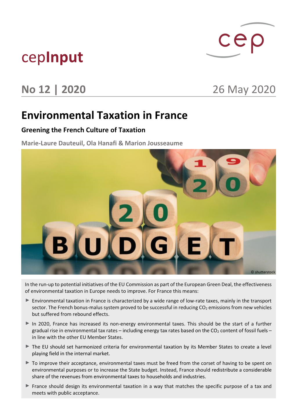 Environmental Taxation in France Greening the French Culture of Taxation Marie-Laure Dauteuil, Ola Hanafi & Marion Jousseaume