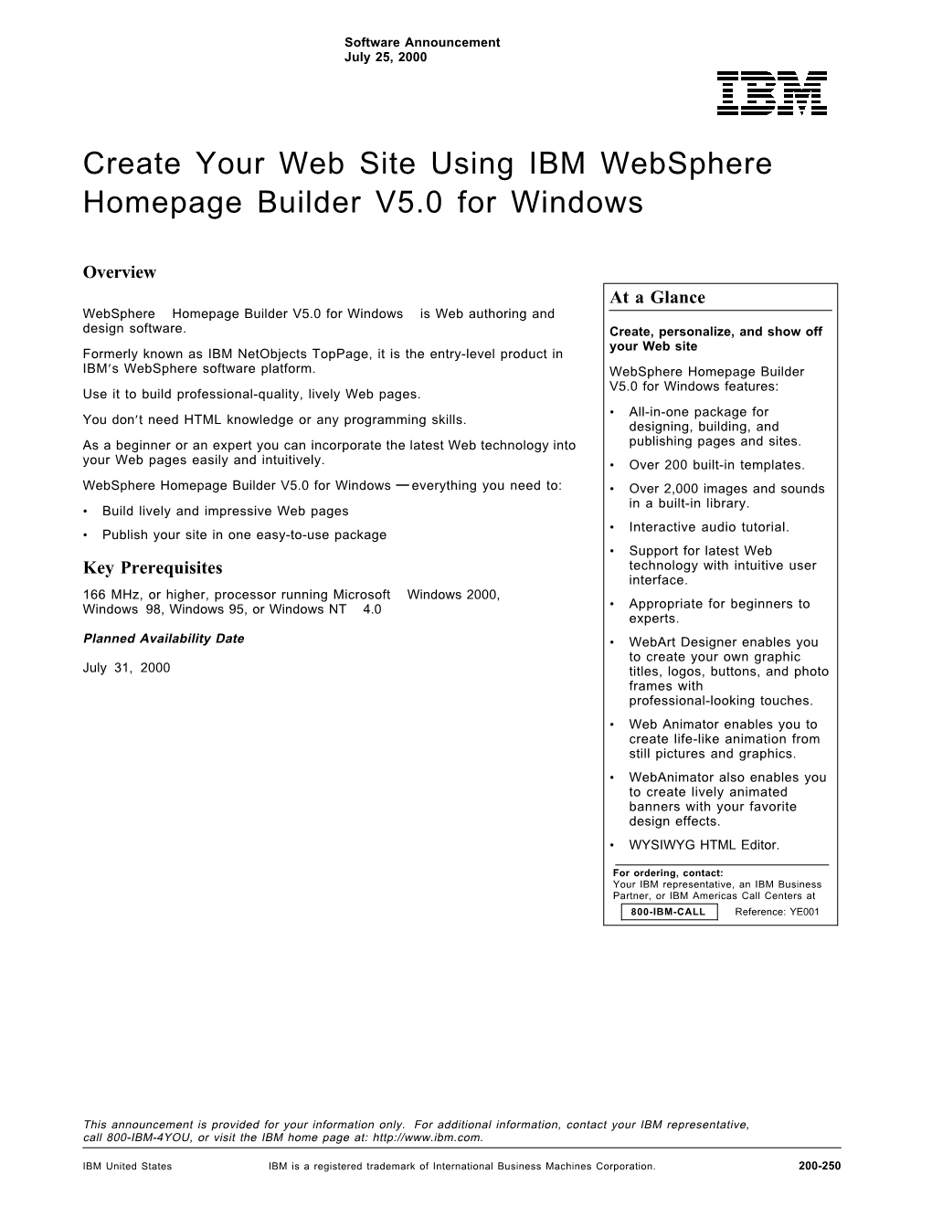 Create Your Web Site Using IBM Websphere Homepage Builder V5.0 for Windows
