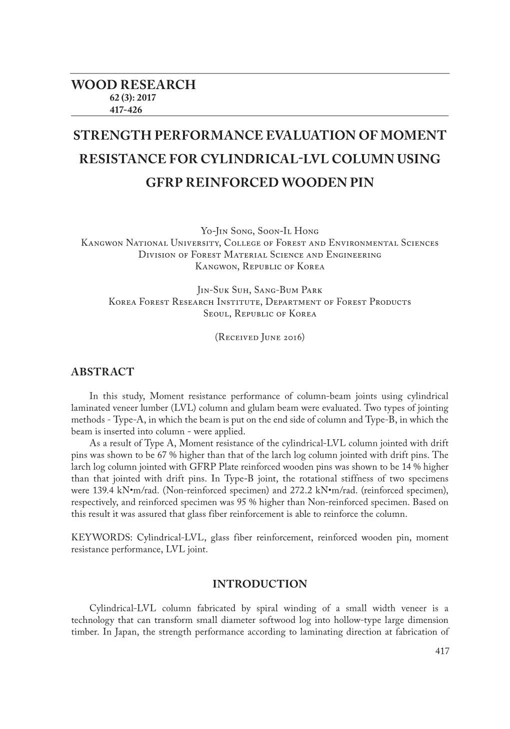 Strength Performance Evaluation of Moment Resistance for Cylindrical-Lvl Column Using Gfrp Reinforced Wooden Pin