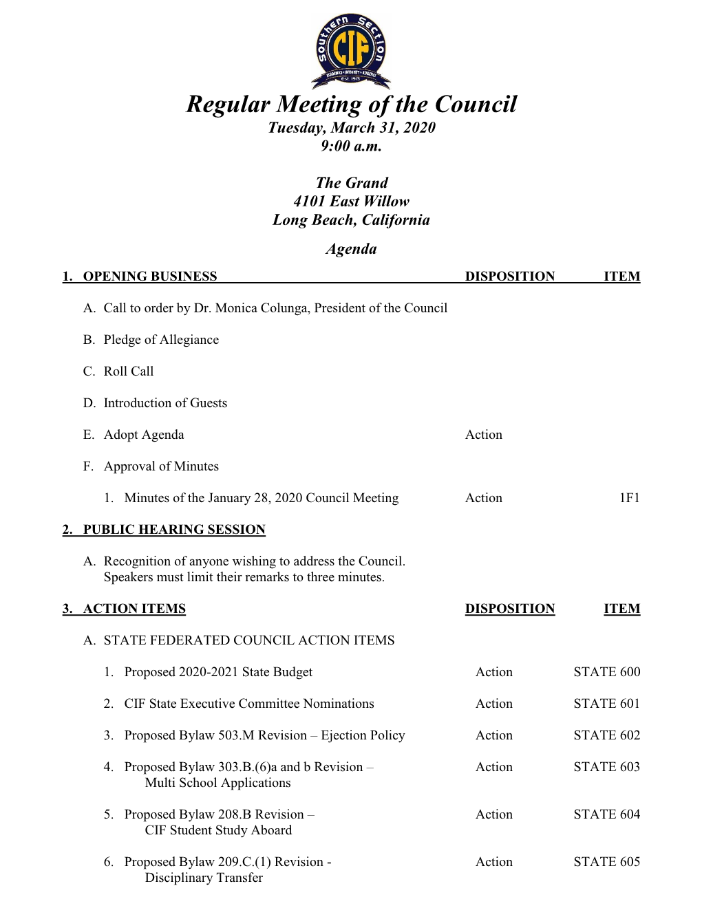Regular Meeting of the Council Tuesday, March 31, 2020 9:00 A.M