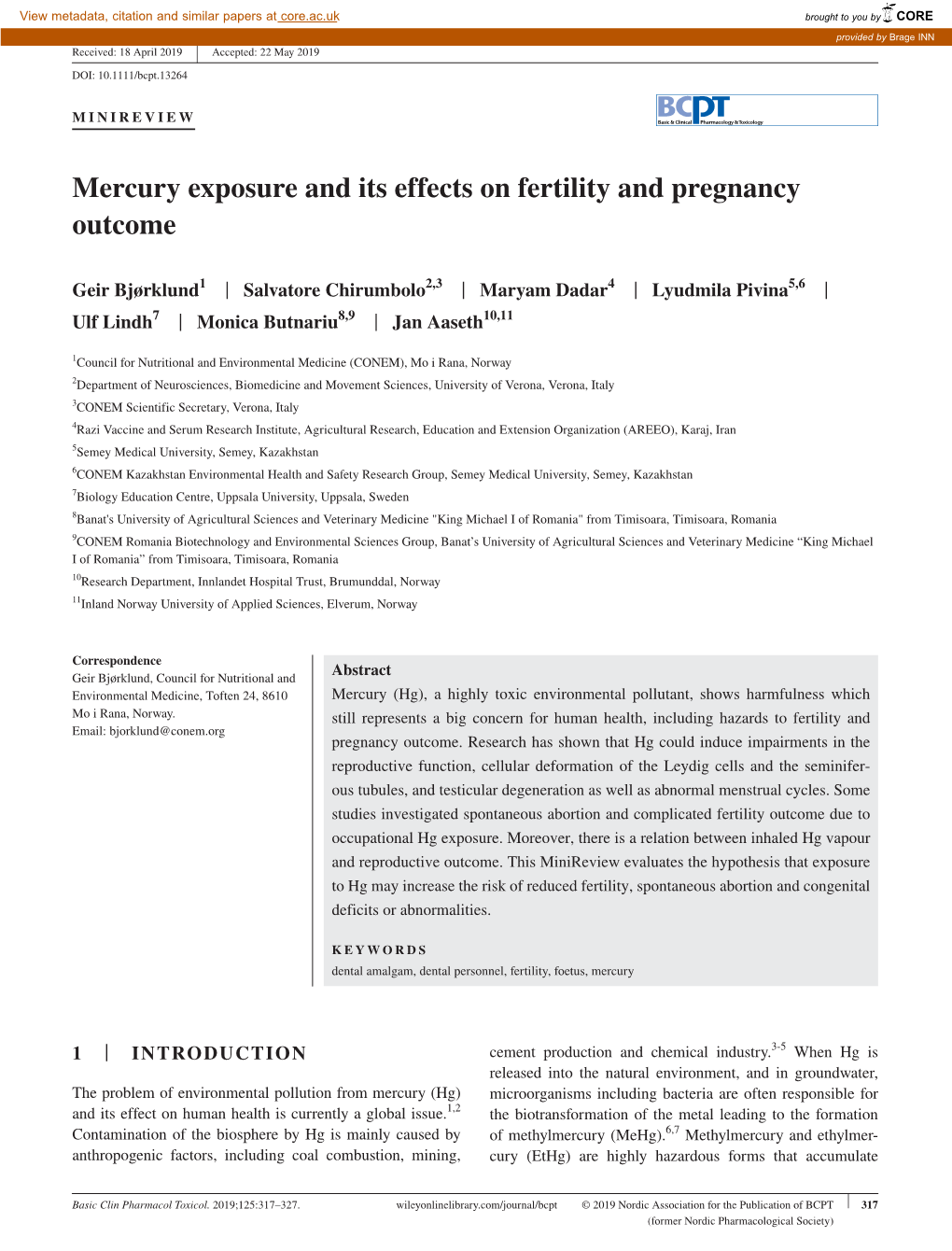 Mercury Exposure and Its Effects on Fertility and Pregnancy Outcome