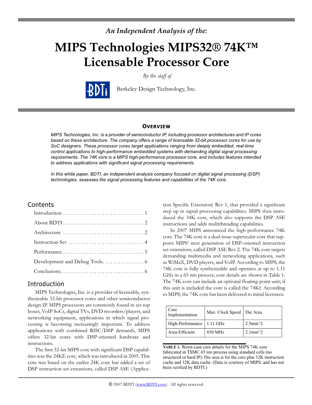 Analysis of the MIPS Technologies MIPS32® 74K™ Licensable