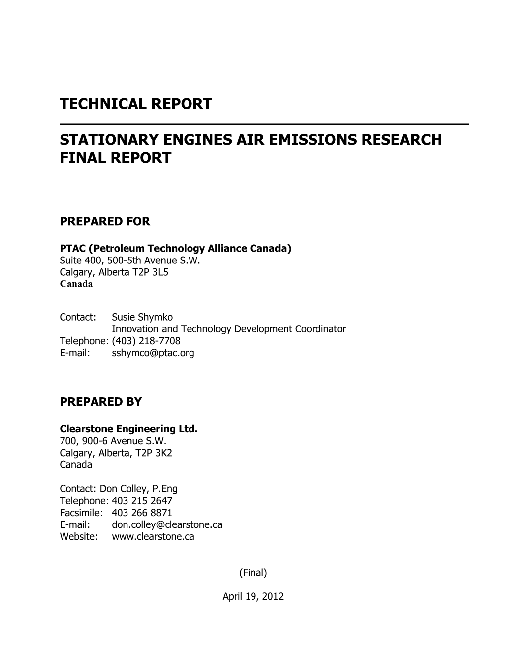 Technical Report Stationary Engines Air Emissions