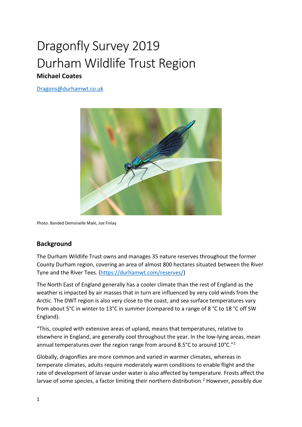 Dragonfly Survey 2019 Durham Wildlife Trust Region Michael Coates Dragons@Durhamwt.Co.Uk
