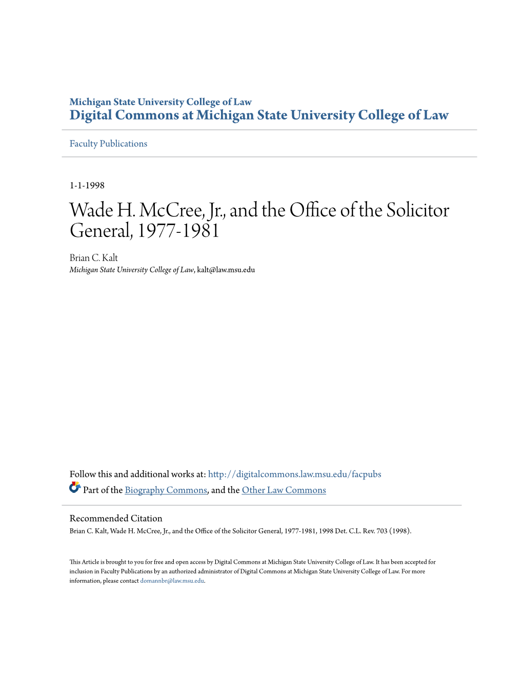 Wade H. Mccree, Jr., and the Office of the Solicitor General, 1977-1981, 1998 Det
