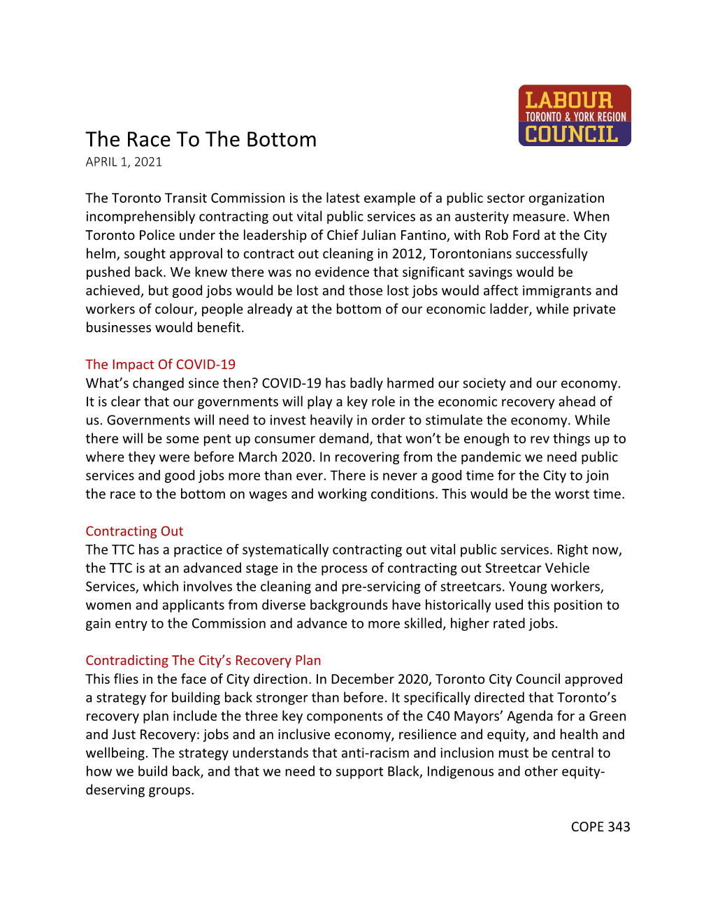 The Race to the Bottom APRIL 1, 2021