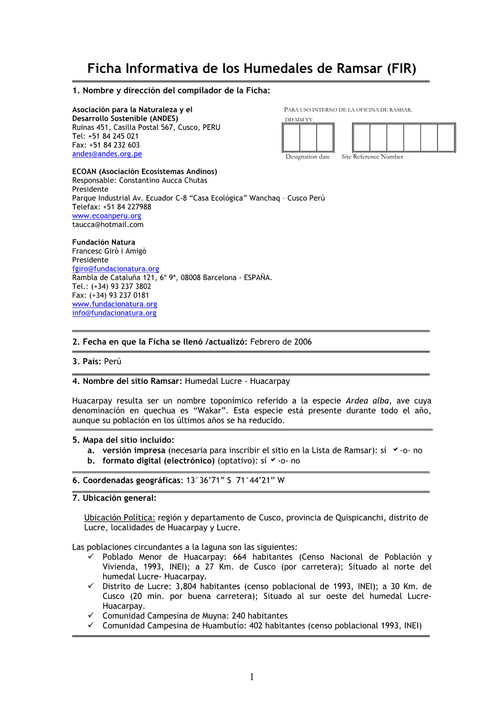 Ficha Informativa De Los Humedales De Ramsar (FIR)