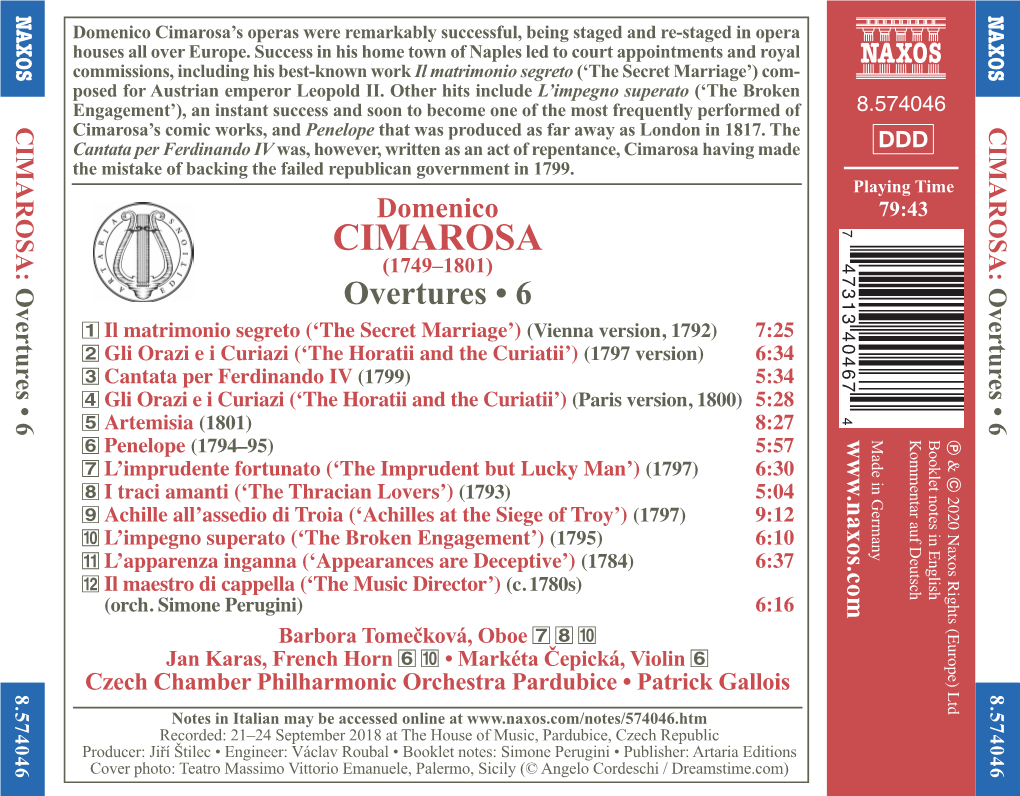 Cimarosa’S Operas Were Remarkably Successful, Being Staged and Re-Staged in Opera X O Houses All Over Europe