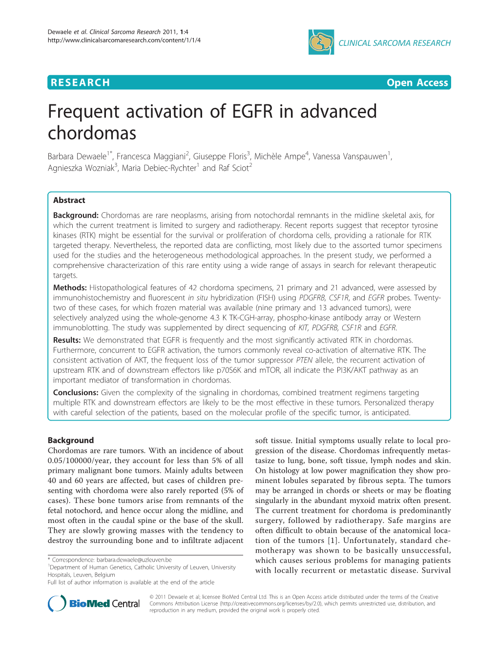 Frequent Activation of EGFR in Advanced Chordomas