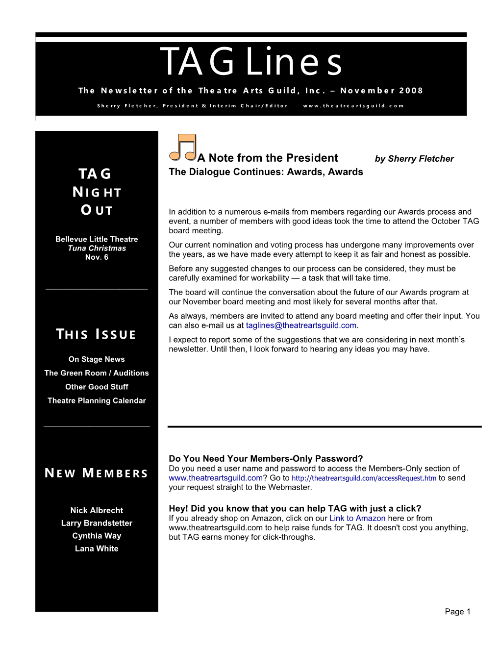 Taglines the Newsletter of the Theatre Arts Guild, Inc