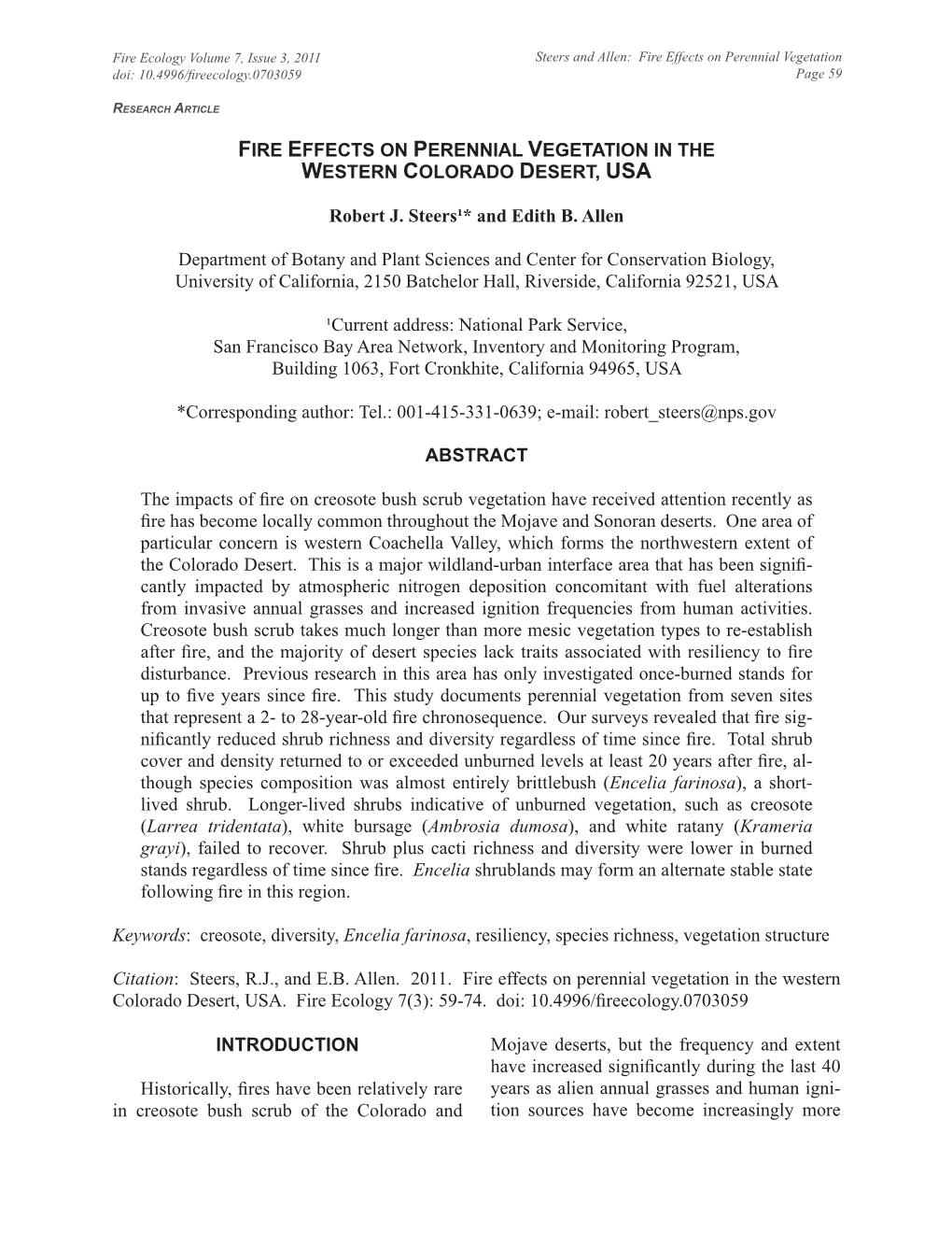 Fire Effects on Perennial Vegetation in the Western Colorado Desert, Usa