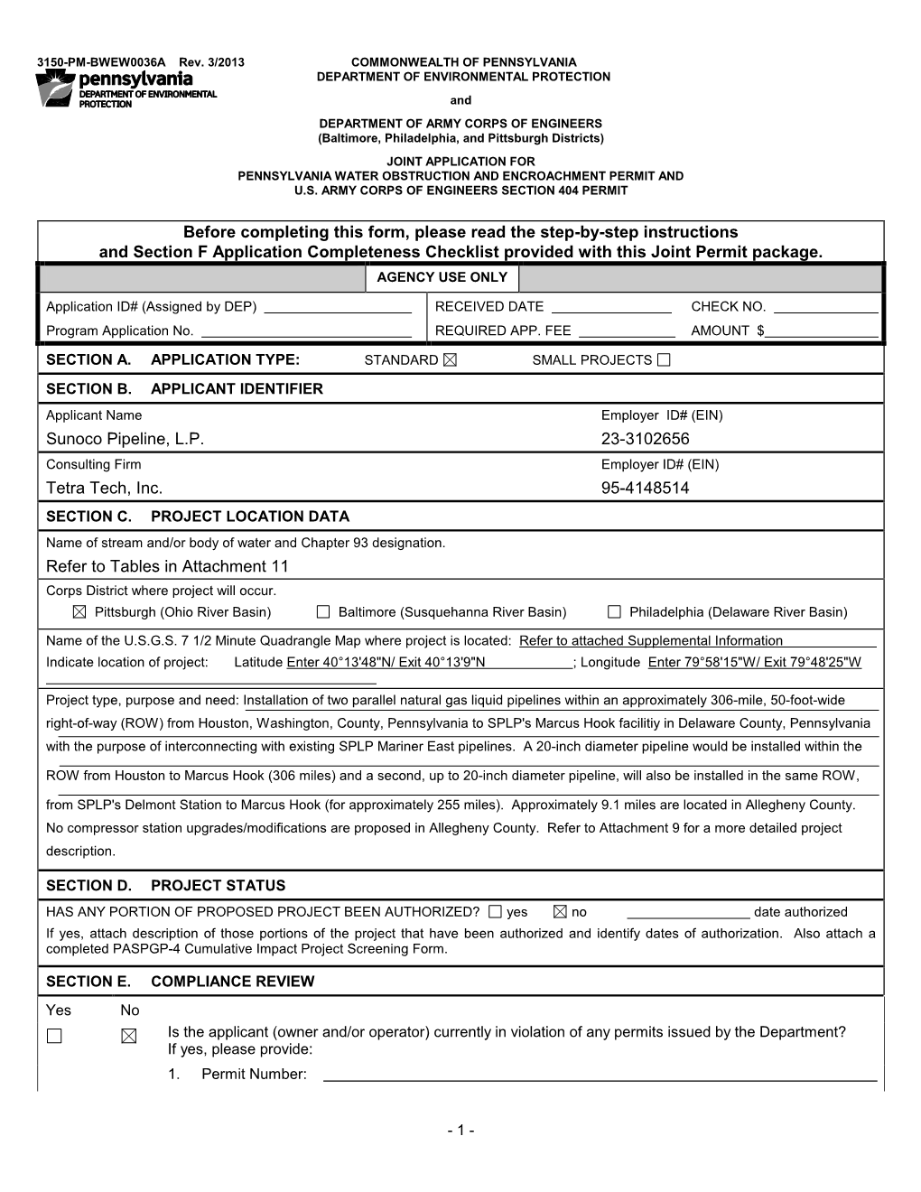 Before Completing This Form, Please Read the Step-By-Step Instructions and Section F Application Completeness Checklist Provided with This Joint Permit Package