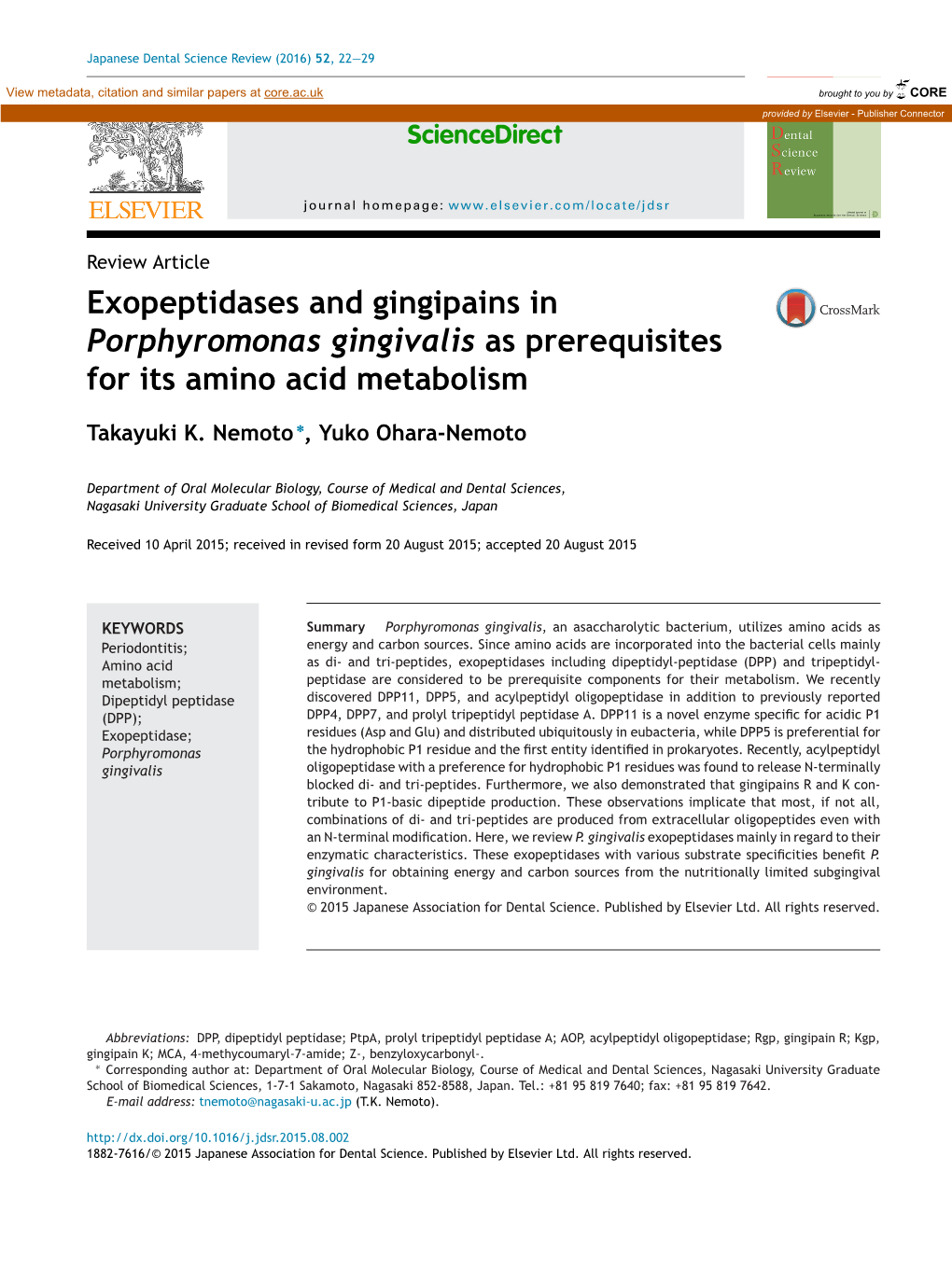Exopeptidases and Gingipains in Porphyromonas Gingivalis