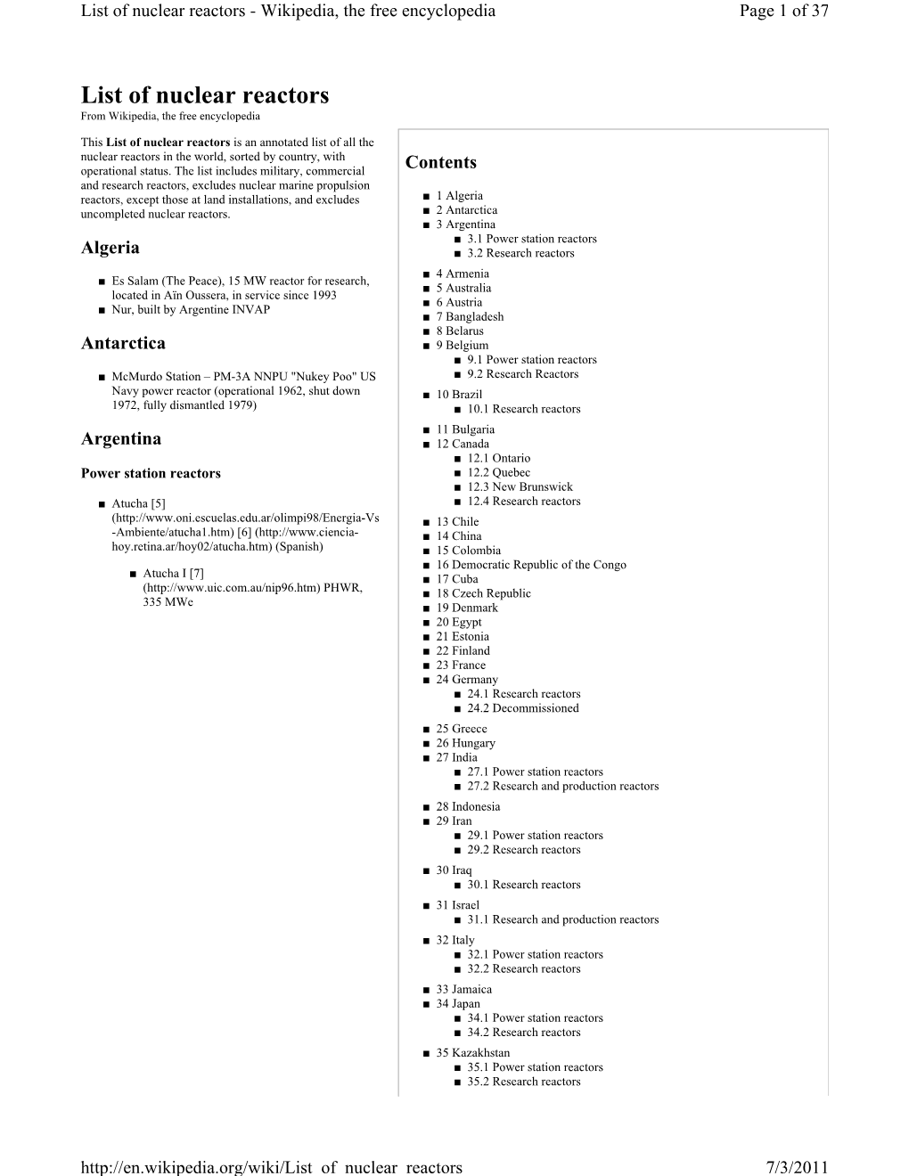 List of Nuclear Reactors - Wikipedia, the Free Encyclopedia Page 1 of 37