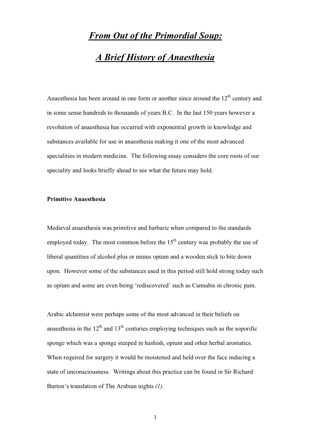 History of Anaesthesia