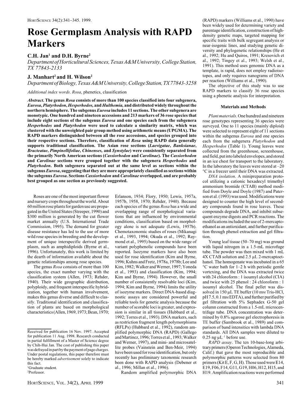 Rose Germplasm Analysis with RAPD Markers