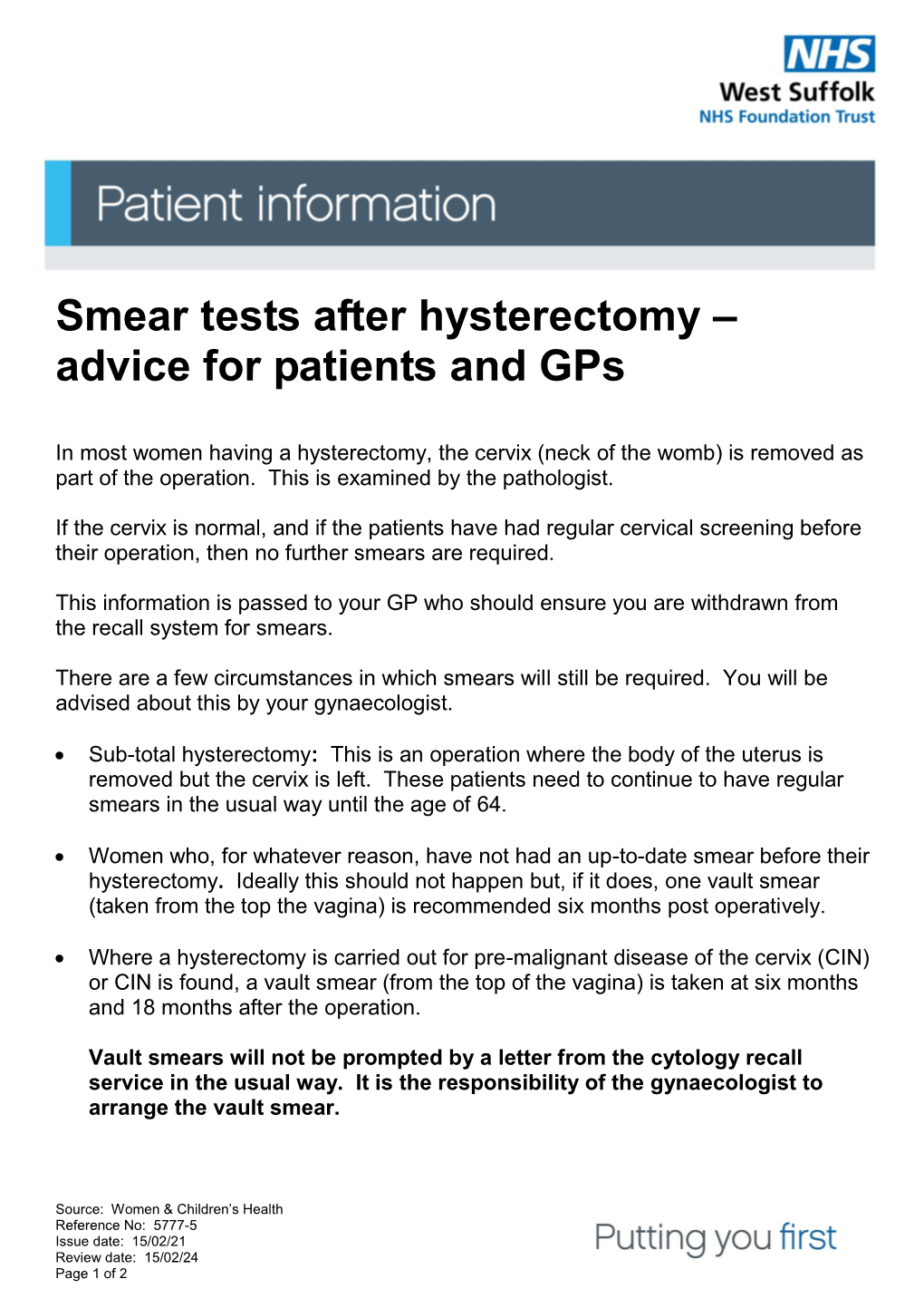 Smear Tests After Hysterectomy – Advice for Patients and Gps