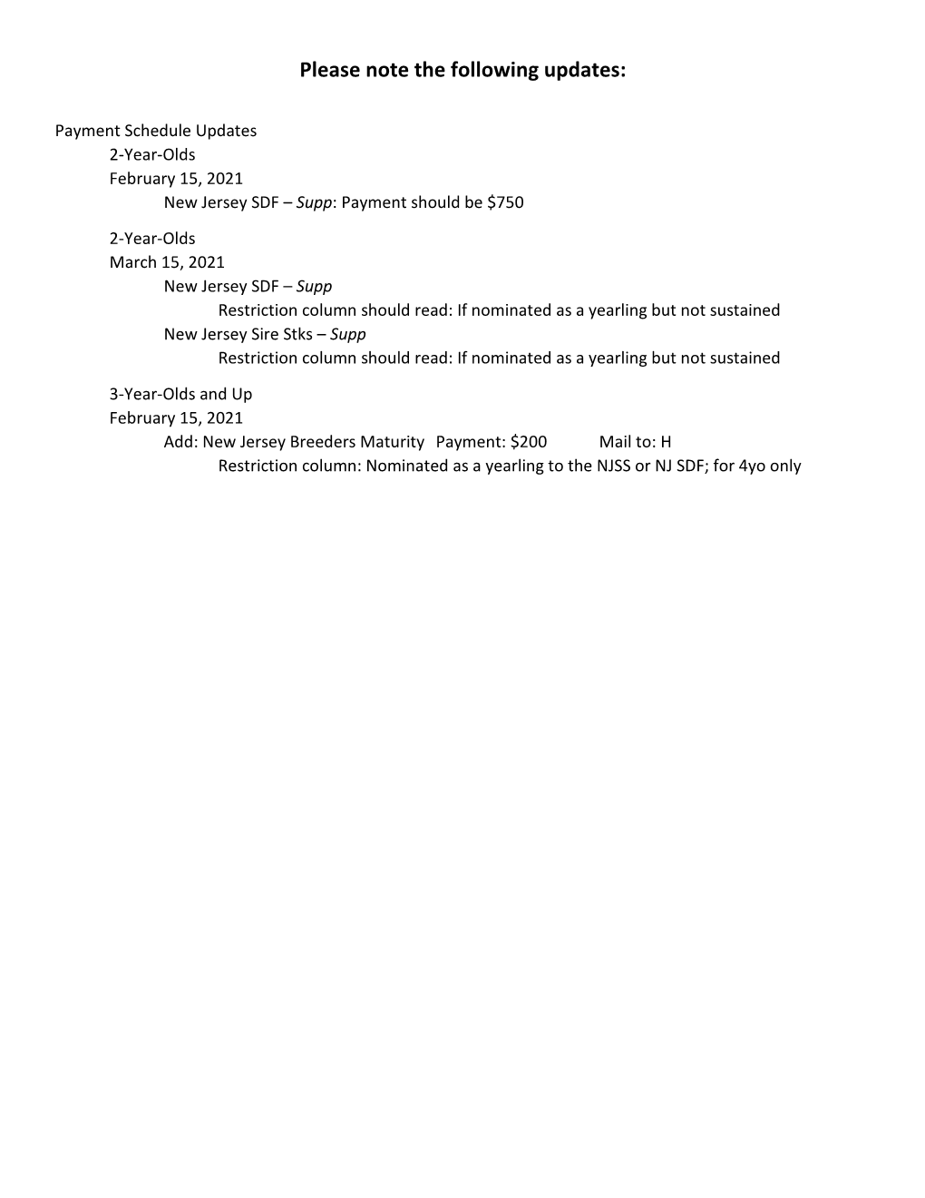 Stakes Payment Schedule