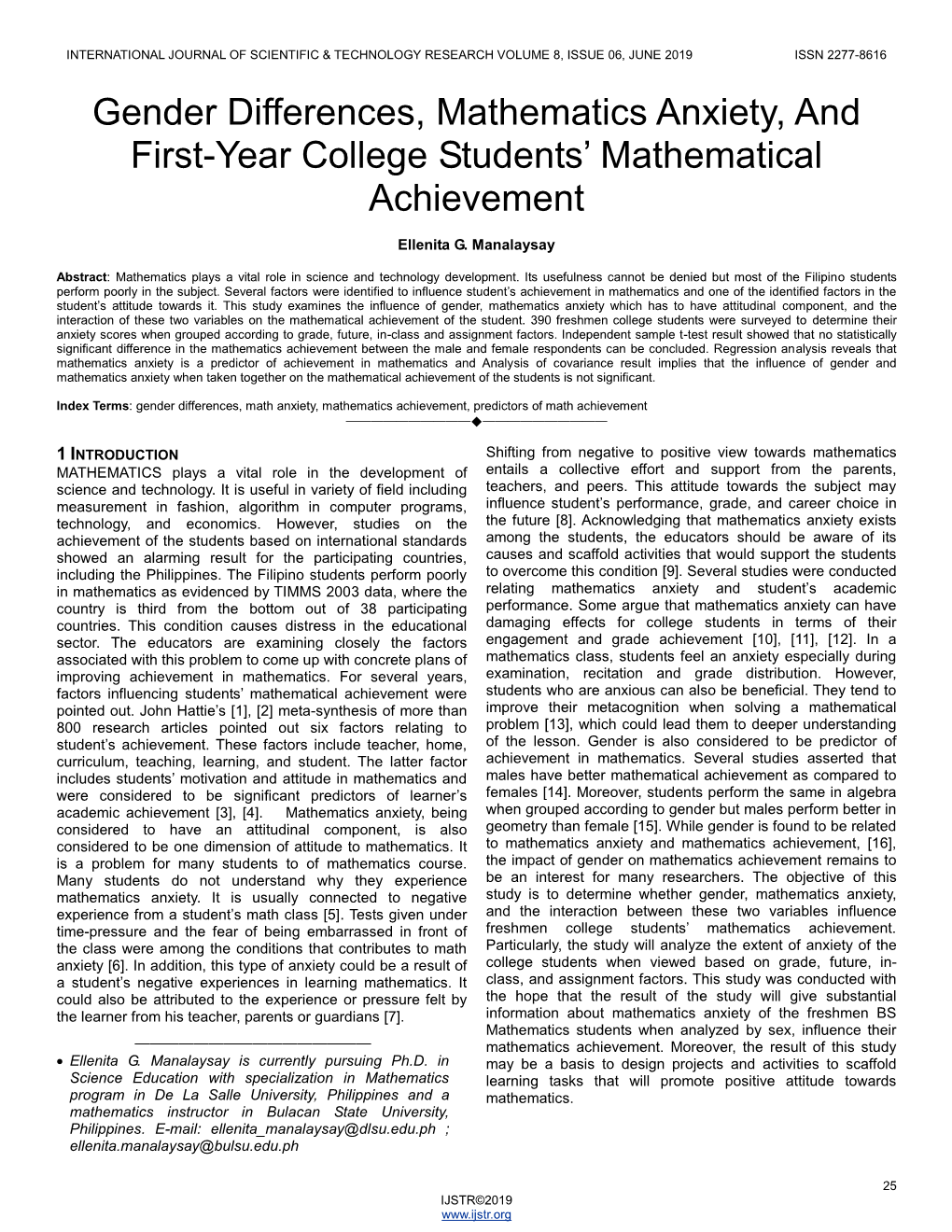 Gender Differences, Mathematics Anxiety, and First-Year College Students’ Mathematical Achievement