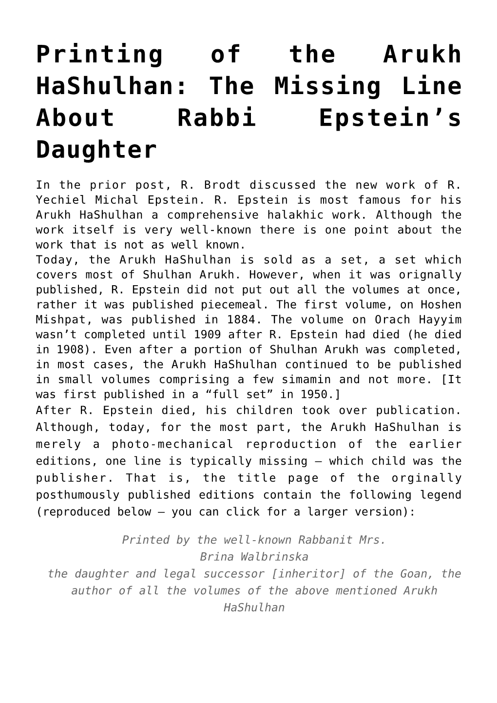 Printing of the Arukh Hashulhan: the Missing Line About Rabbi Epstein’S Daughter
