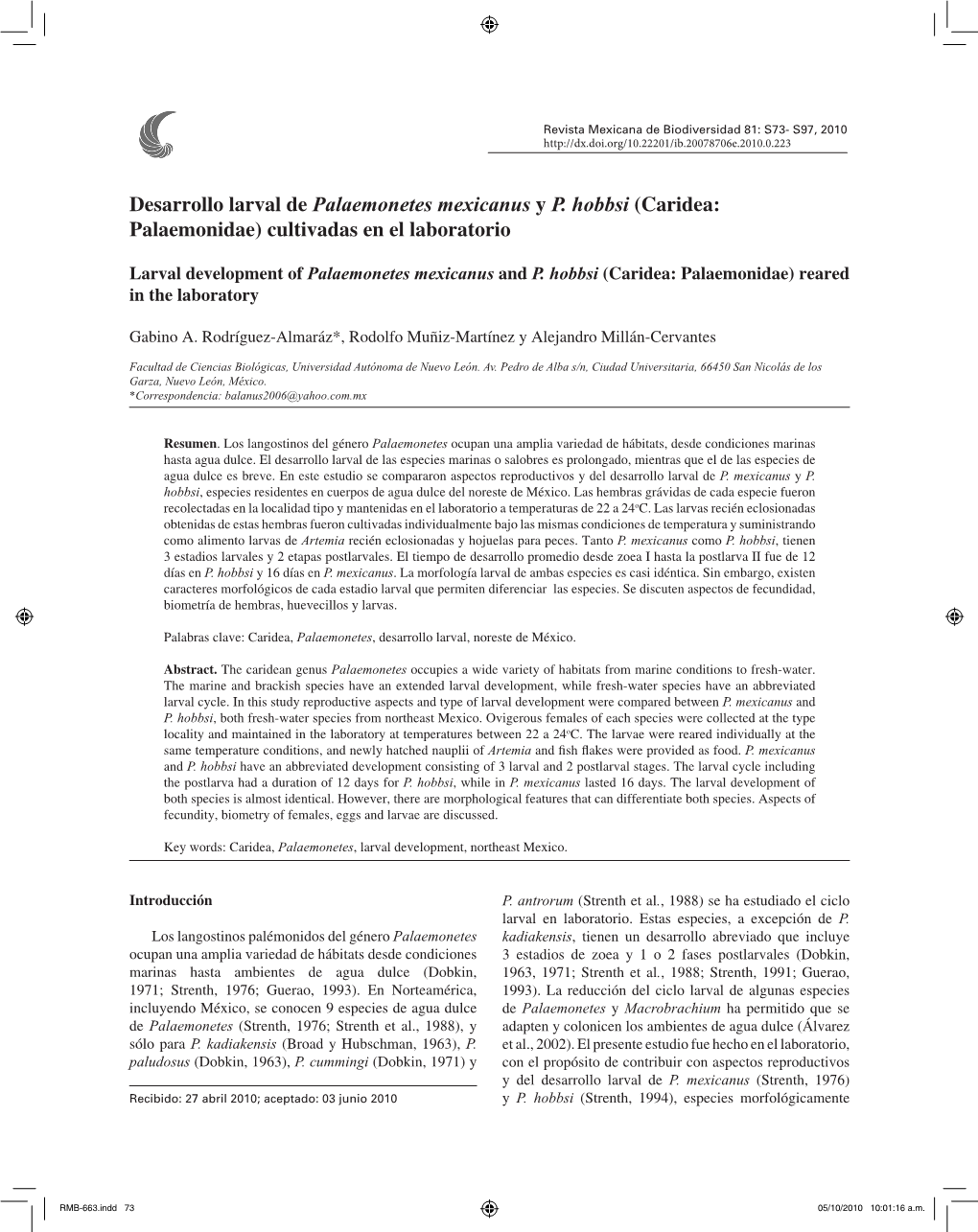 Desarrollo Larval De Palaemonetes Mexicanus Y P. Hobbsi (Caridea: Palaemonidae) Cultivadas En El Laboratorio