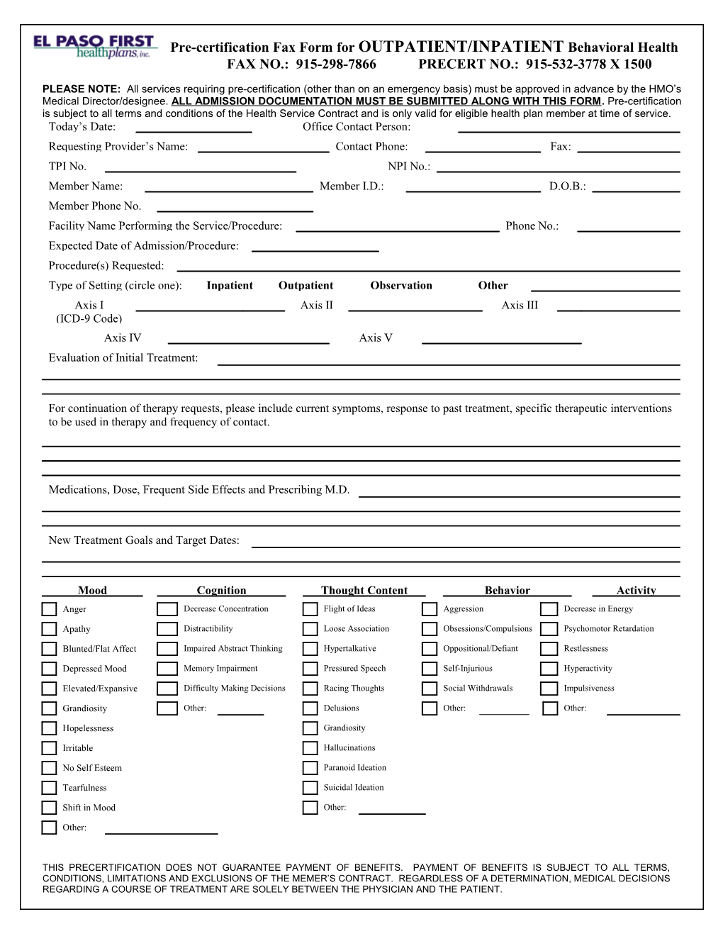 Pre-Certification Fax Form for OUTPATIENT/INPATIENT Behavioral Health