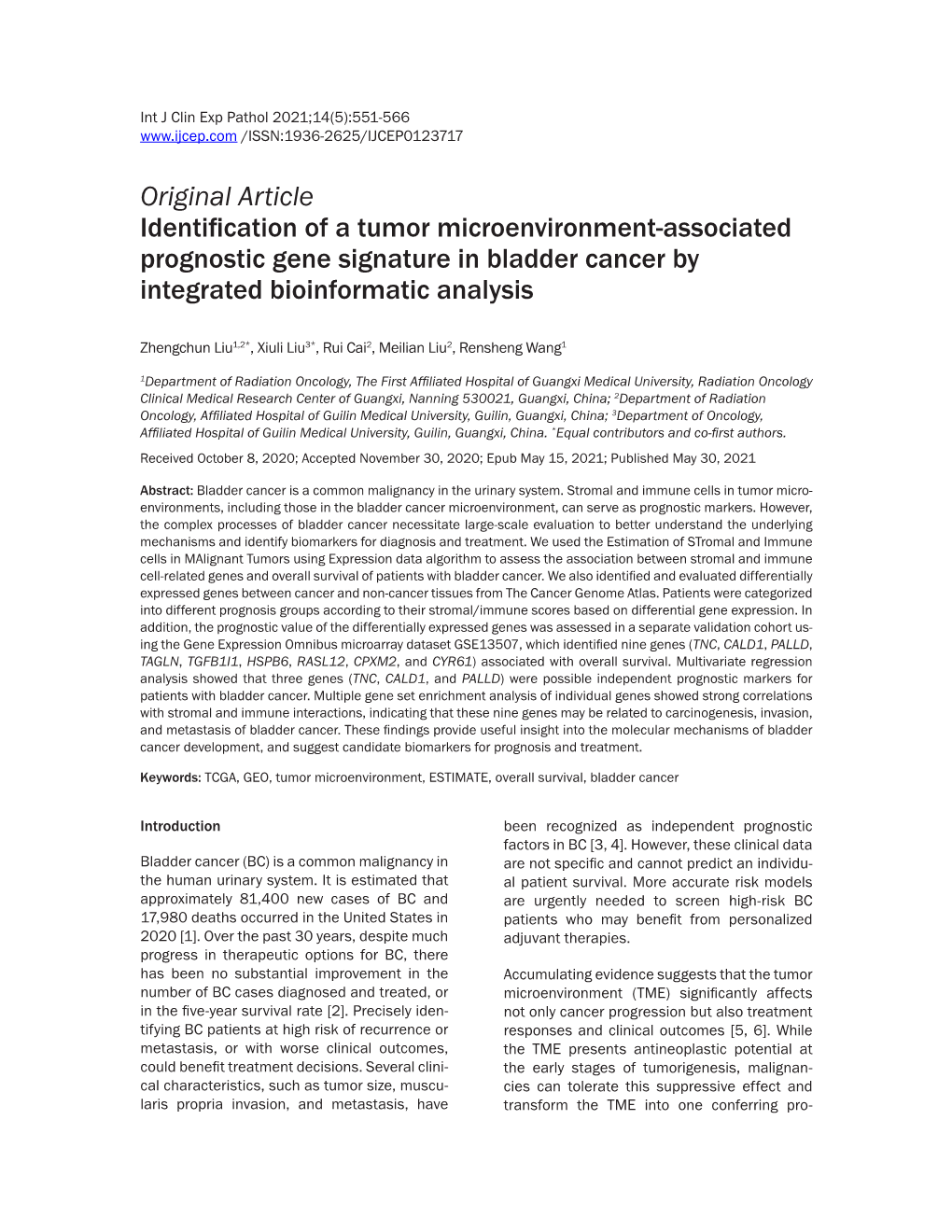 Original Article Identification of a Tumor Microenvironment-Associated Prognostic Gene Signature in Bladder Cancer by Integrated Bioinformatic Analysis