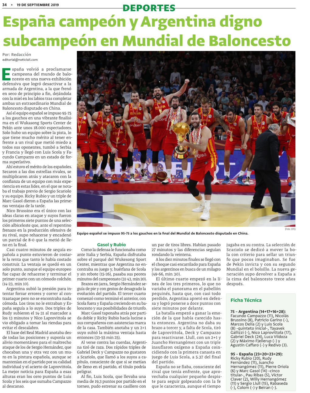 España Campeón Y Argentina Digno Subcampeón En Mundial De Baloncesto Por: Redacción Editorial@Noticiali.Com