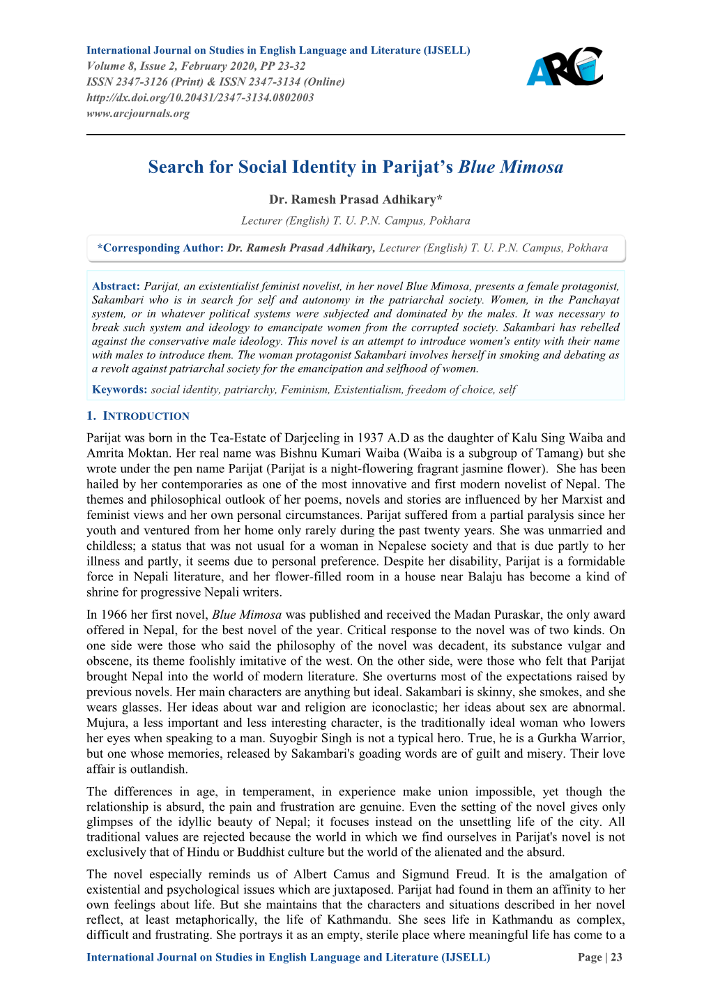 Search for Social Identity in Parijat's Blue Mimosa