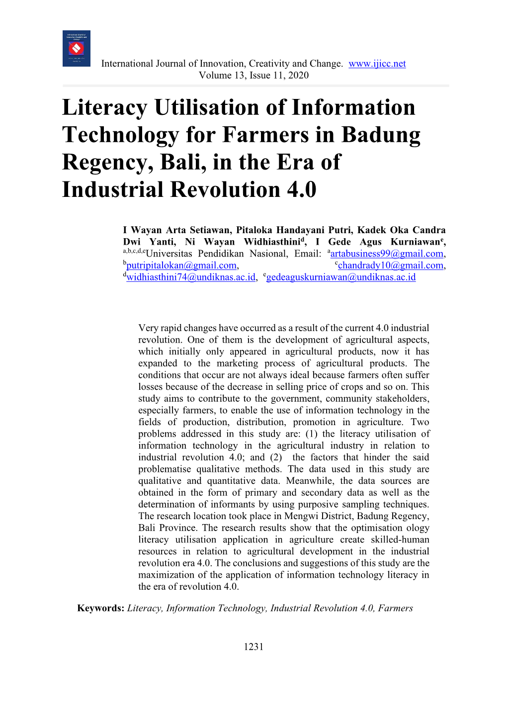 Literacy Utilisation of Information Technology for Farmers in Badung Regency, Bali, in the Era of Industrial Revolution 4.0