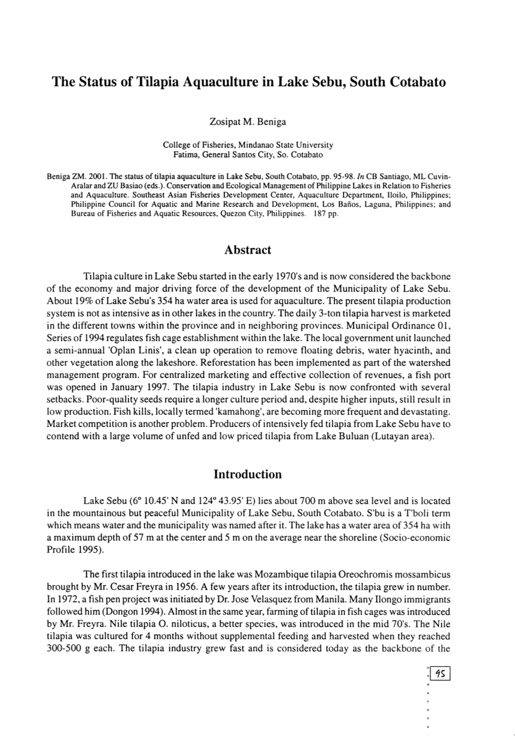 The Status of Tilapia Aquaculture in Lake Sebu, South Cotabato