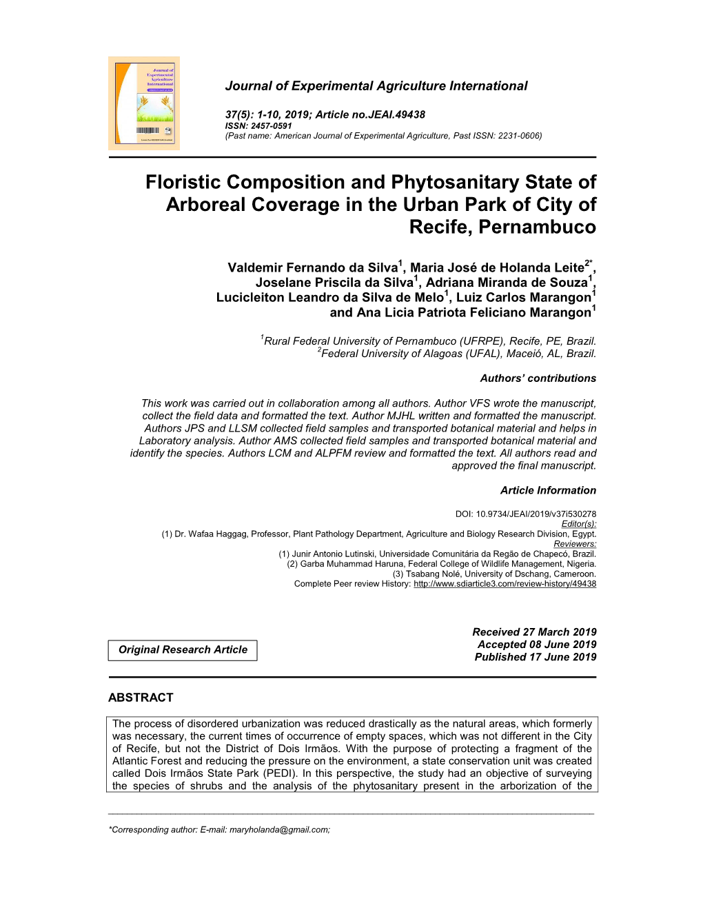 Floristic Composition and Phytosanitary State of Arboreal Coverage in the Urban Park of City of Recife, Pernambuco
