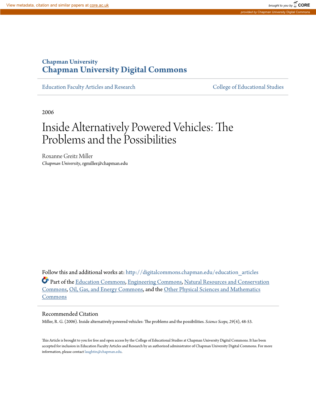 Inside Alternatively Powered Vehicles: the Problems and the Possibilities Roxanne Greitz Miller Chapman University, Rgmiller@Chapman.Edu