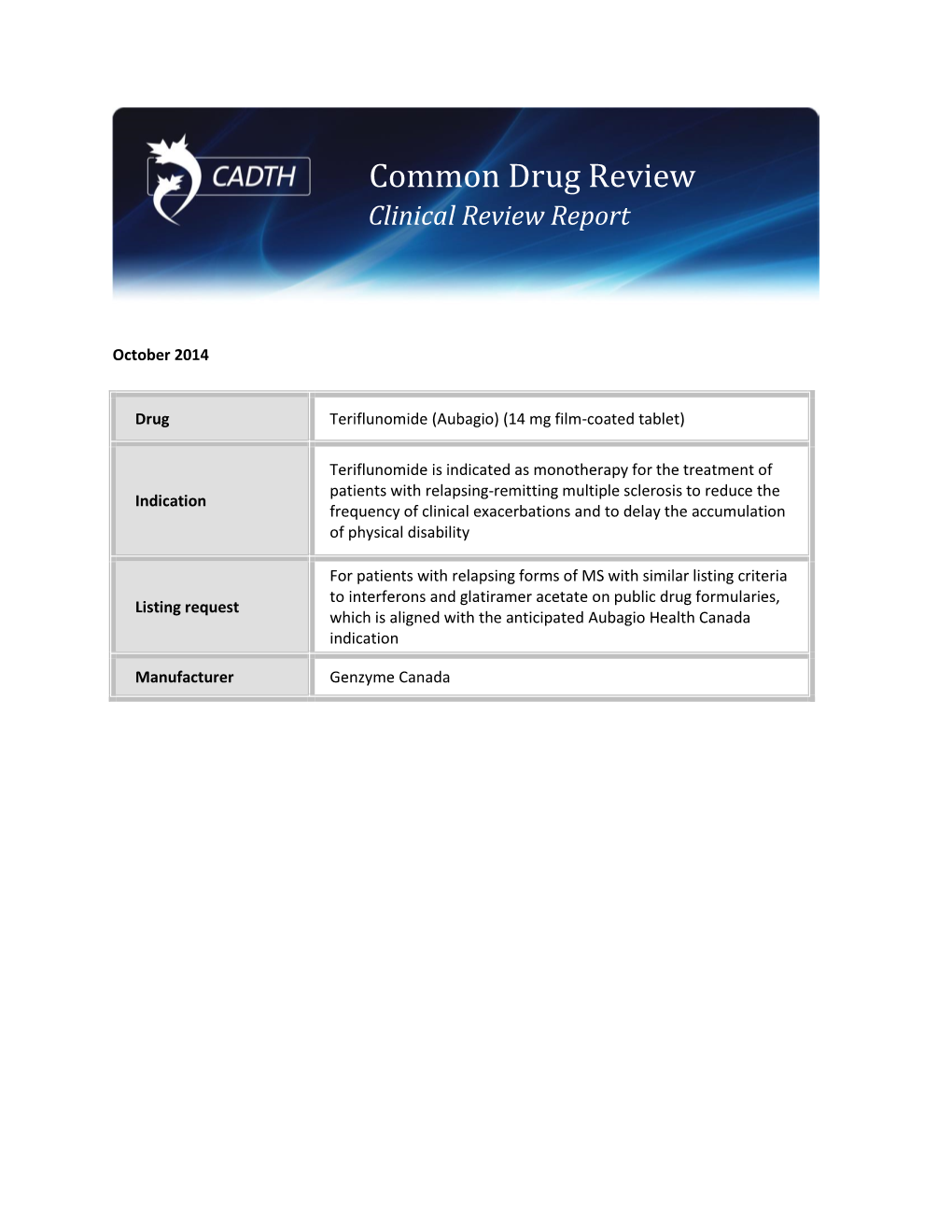 CDR Clinical Review Report – Teriflunomide (Aubagio)