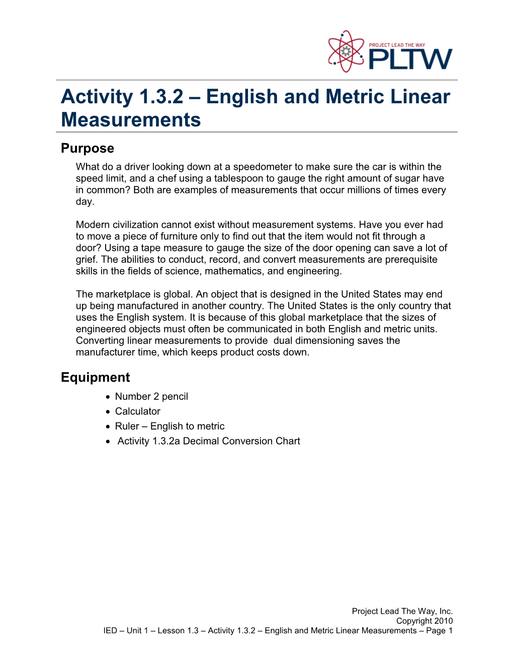 Activity 1.3.2: English & Metric Lineare Measurements